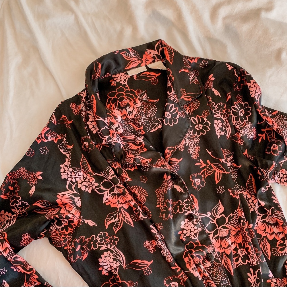 Vintage Black + Pink Floral Sleepwear Blouse SZ XL
